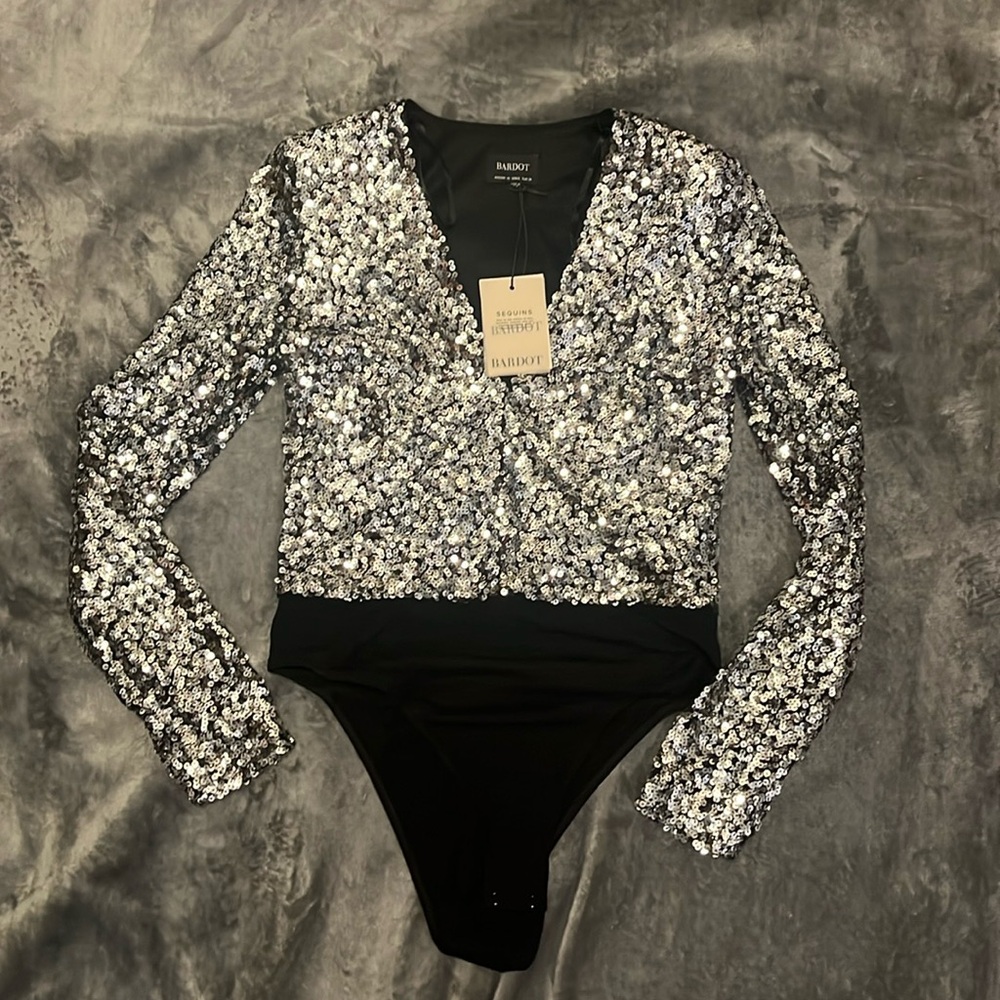Bardot Silver Sequin Bodysuit